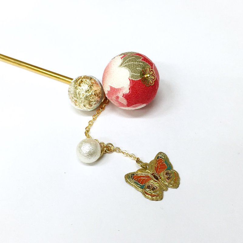 【If】 【Sang Ju】 wind and Juju & glass gold Yu Shou. Air pearl. Hairpin. Japanese style. Narrow cut workers. And cloth small things. - Hair Accessories - Silk Red