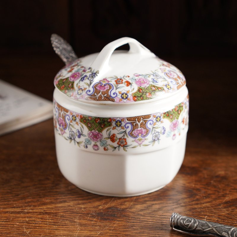 19世紀ドイツ Zeh Scherzer アンティークフラワーシュガーボウル シュガースプーン付/新古品/新古品 - 調味料入れ - 磁器 多色