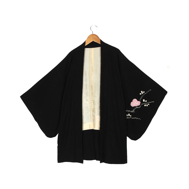 [ヴィンテージ]ナスXuemeiデジタルヴィンテージ着物の羽織を印刷します - オーバーオール - ポリエステル ブラック