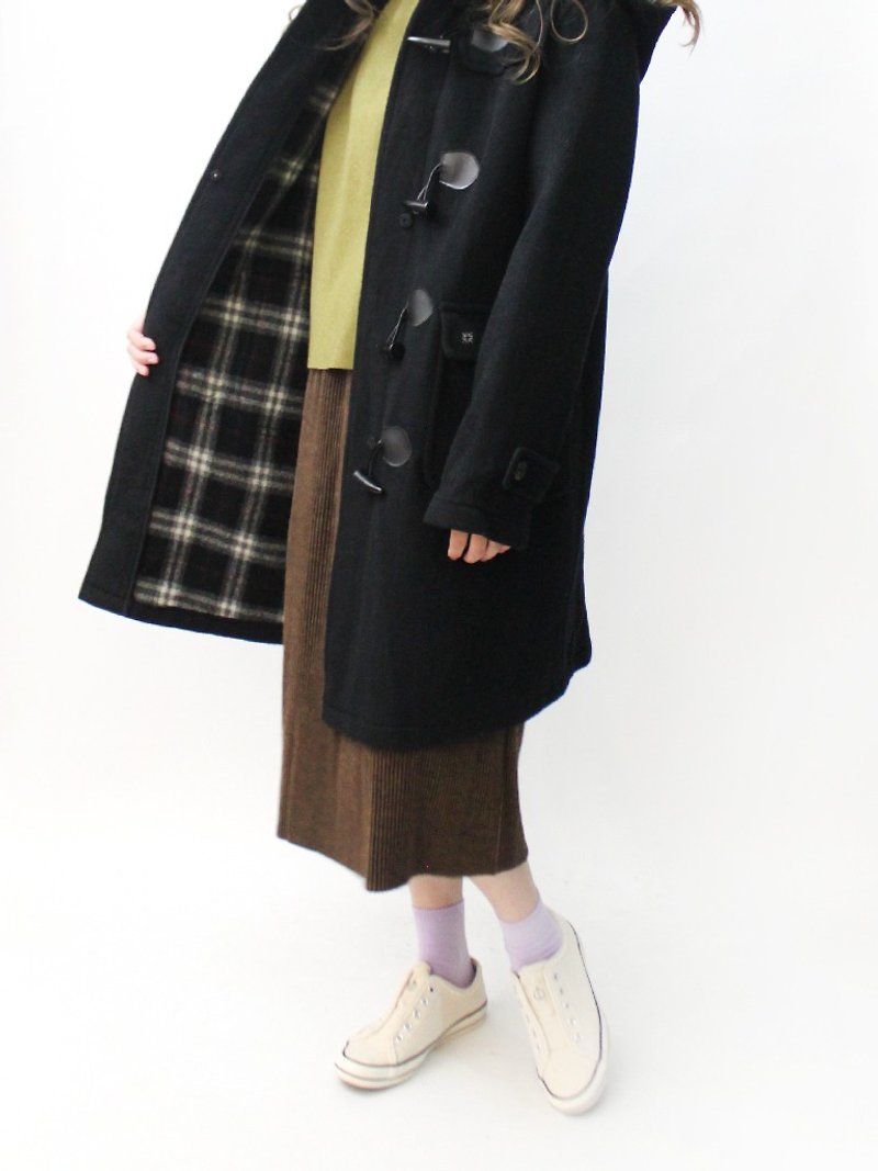 [RE1115C440] autumn and winter college wind vintage plaid wool hooded vintage hooded button coat coat - เสื้อแจ็คเก็ต - ขนแกะ สีดำ