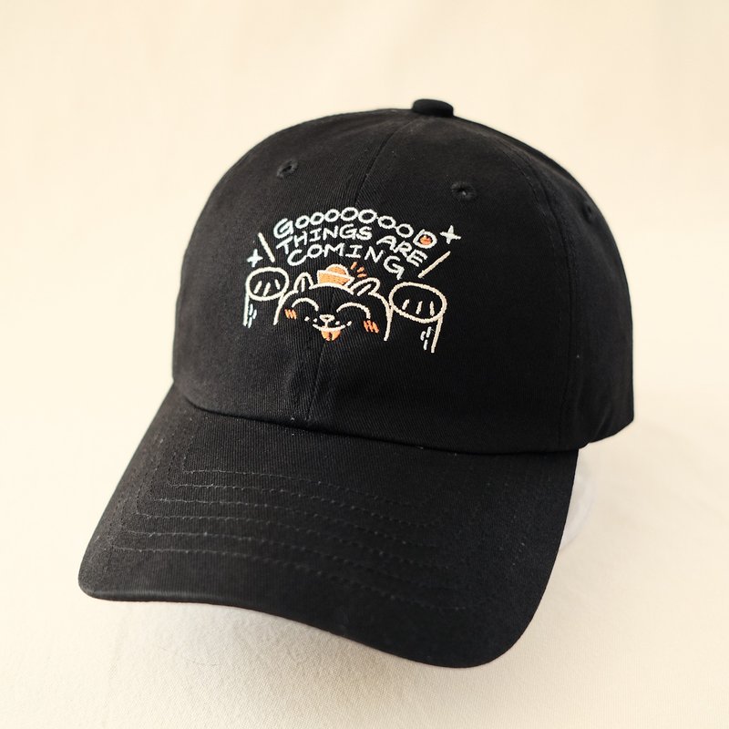 貓島日常刺繡老帽 / Good things are coming - 帽子 - 棉．麻 黑色