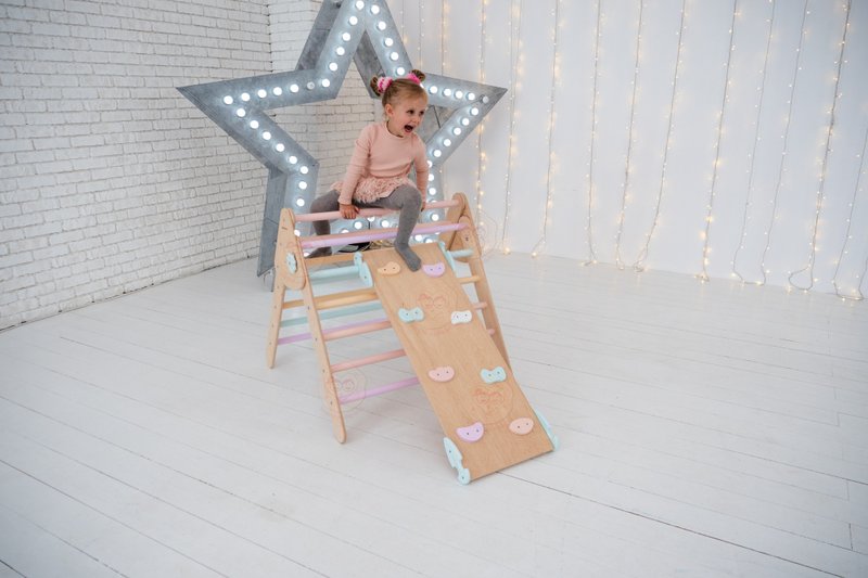 Montessori Large Set of 2: Climbing ramp & Modifiable triangle - Kids' Furniture - Wood Pink