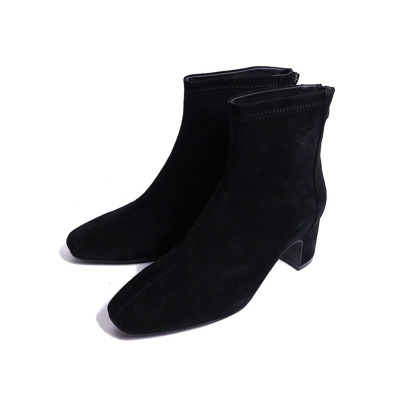 美型修身柔軟親膚羊皮短靴麂皮黑 - 女款短靴 - 真皮 黑色