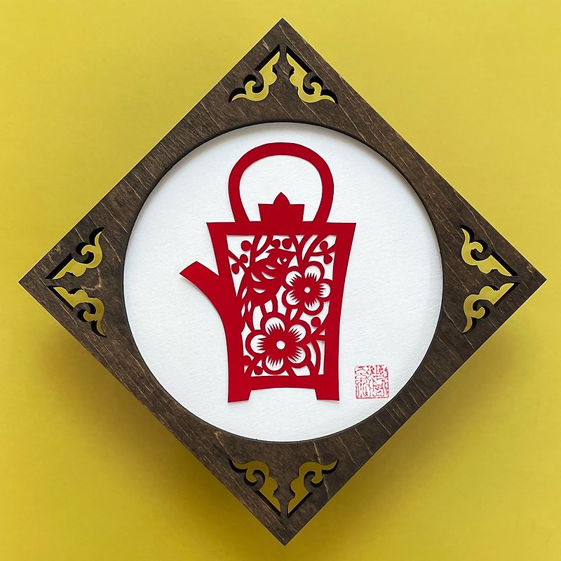 Made-to-order cut paper/tea utensil pattern with wooden frame 6 - โปสเตอร์ - กระดาษ สีแดง