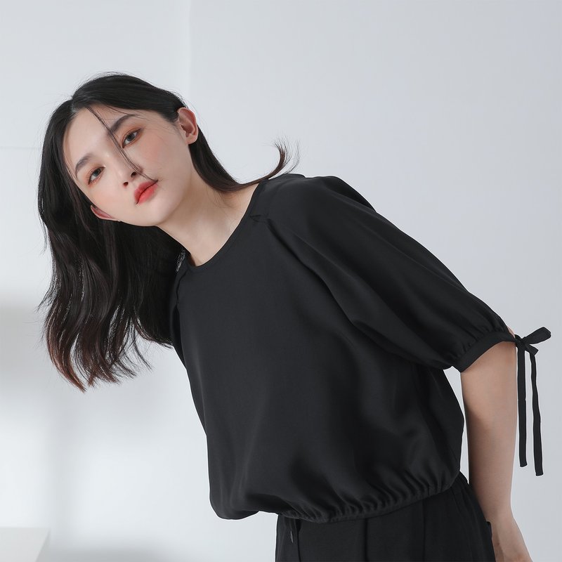 Hexu_和煦綁帶上衣_22SF014_黑 - 女上衣/長袖上衣 - 聚酯纖維 黑色