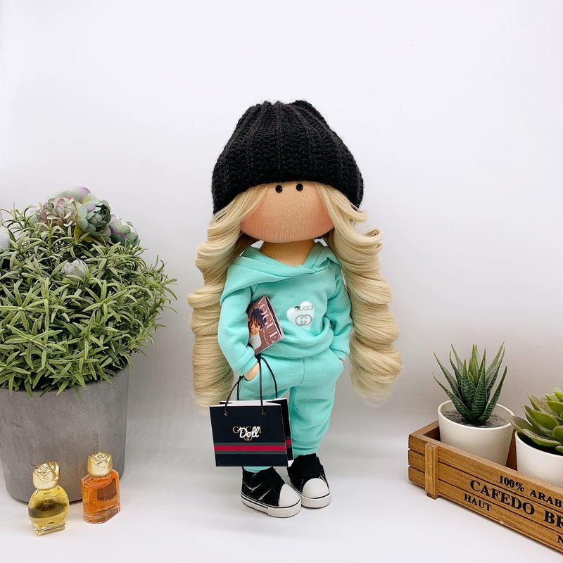 Doll with Bag and Fashion Magazine Rag Doll Textile Doll Tilda Doll - Stuffed Dolls & Figurines - Other Materials Green