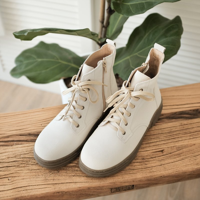 3M waterproof functional shoes! Side zipper camping outdoor boots beige waterproof full leather MIT - beige - รองเท้ากันฝน - หนังแท้ ขาว