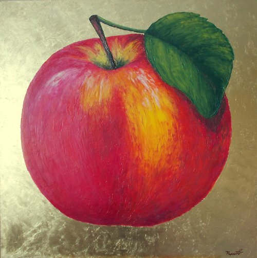 BotanicalArtGifts 畫蘋果紅紅金牆漆印象派蘋果極簡繪畫厚塗金箔畫