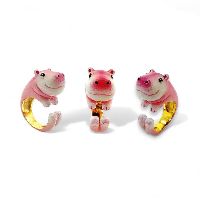 Hippopotamus (pink) ring‧Handmade by craftsman‧18K gold and Bronze - แหวนทั่วไป - ทองแดงทองเหลือง 