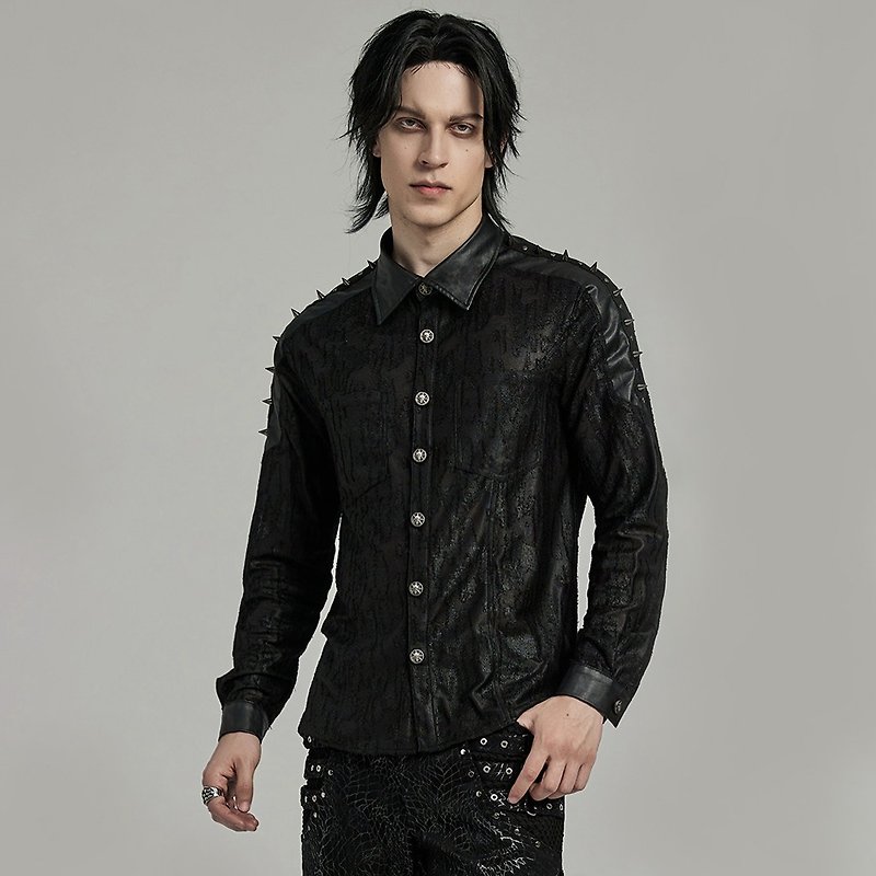 リベット付きパンク角神ディストレストシャツ - シャツ メンズ - その他の素材 ブラック