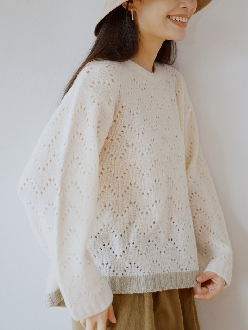 KOOW Alpaca Circle Yarn Hollow Sweater Milky Ripple Pullover Sweater - Women's Sweaters - Wool White