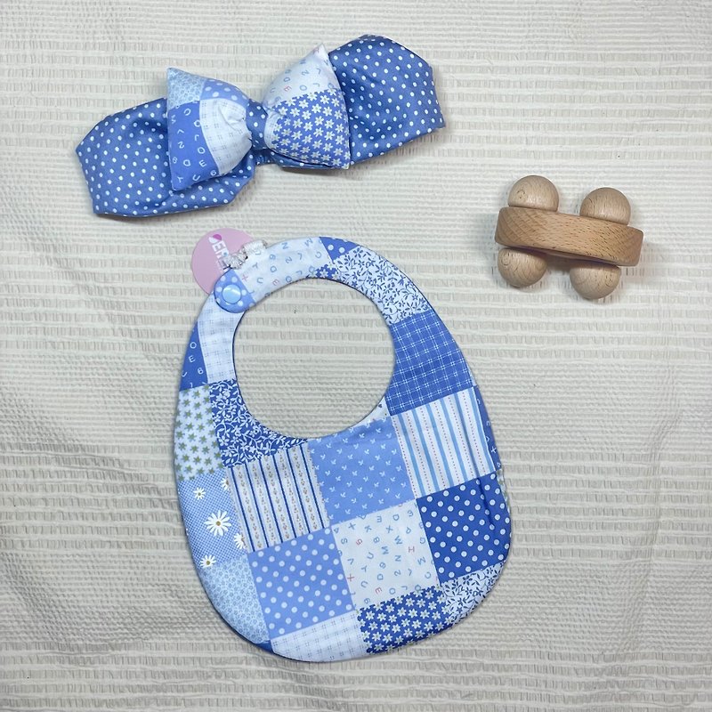 清新風系列-萌萌大蝴蝶結造型髮帶、兜兜 彌月禮盒 寶寶造型配搭 - 嬰兒帽/髮帶 - 棉．麻 藍色