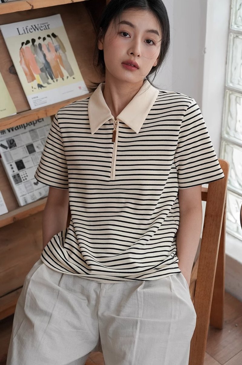 French Retro Zipper Stripe Short Sleeve Top - เสื้อยืดผู้หญิง - วัสดุอื่นๆ หลากหลายสี