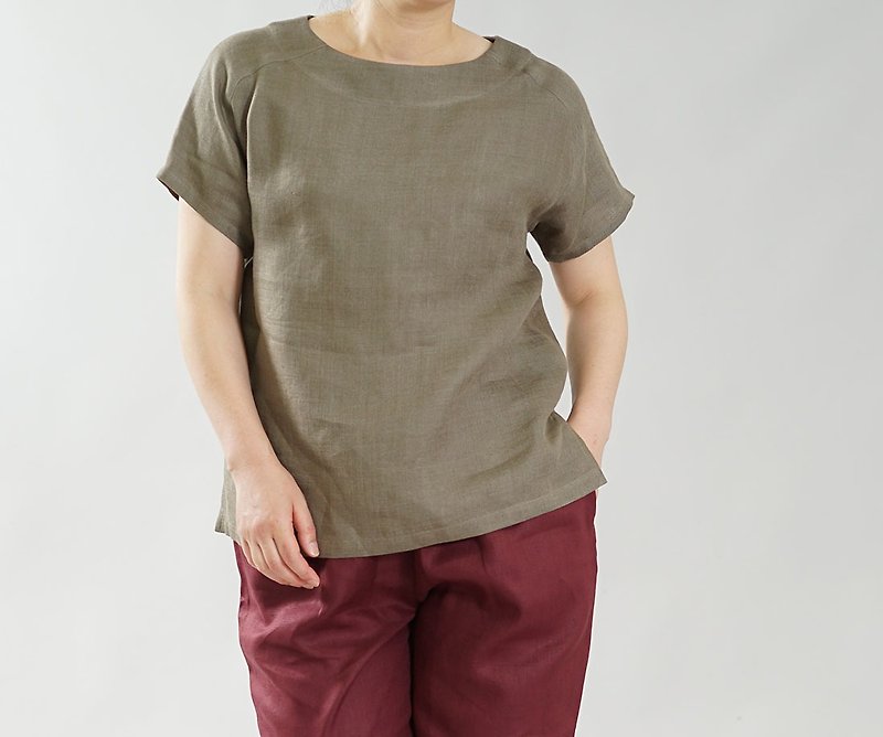 wafu linen tee / tunic / tops / short sleeve / raglan sleeve / khaki  t038a-khk2 - Women's T-Shirts - Cotton & Hemp Khaki