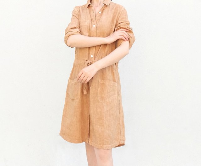 Natural dyed linen dress tea dye shirtdress - Shop nina1512126 One