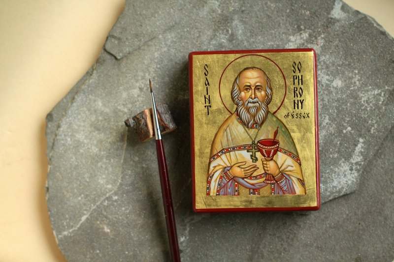 hand painted orthodox wood icon Saint Saphrony (Sakharov) of Essex - 其他 - 木頭 金色