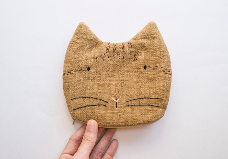 Brown Tabby Cat small zip pouch case - 皮夾/長短夾/錢包 - 棉．麻 咖啡色