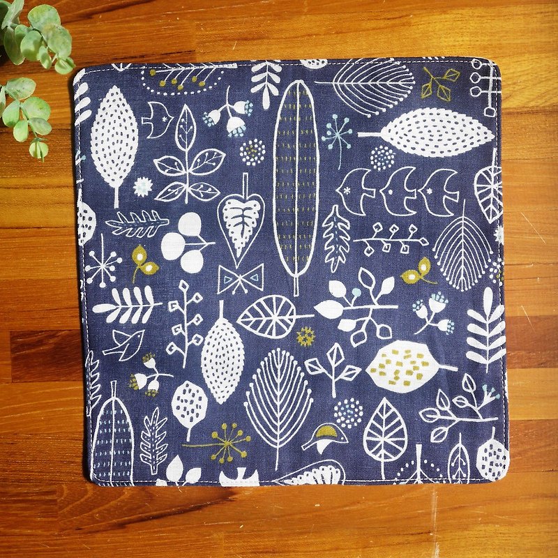 Limited edition = Japanese double yarn handkerchief = hand-painted style = fairy forest = navy