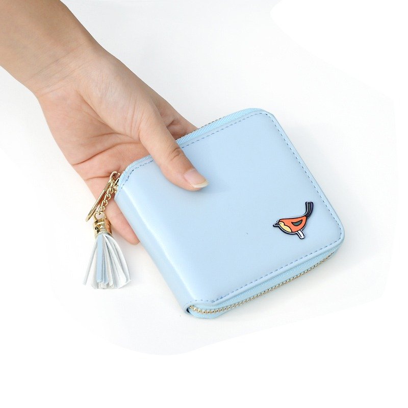 Birds sky handmade leather wallet wallet clutch pendant tassels lovely fresh gift - กระเป๋าสตางค์ - หนังแท้ สีน้ำเงิน