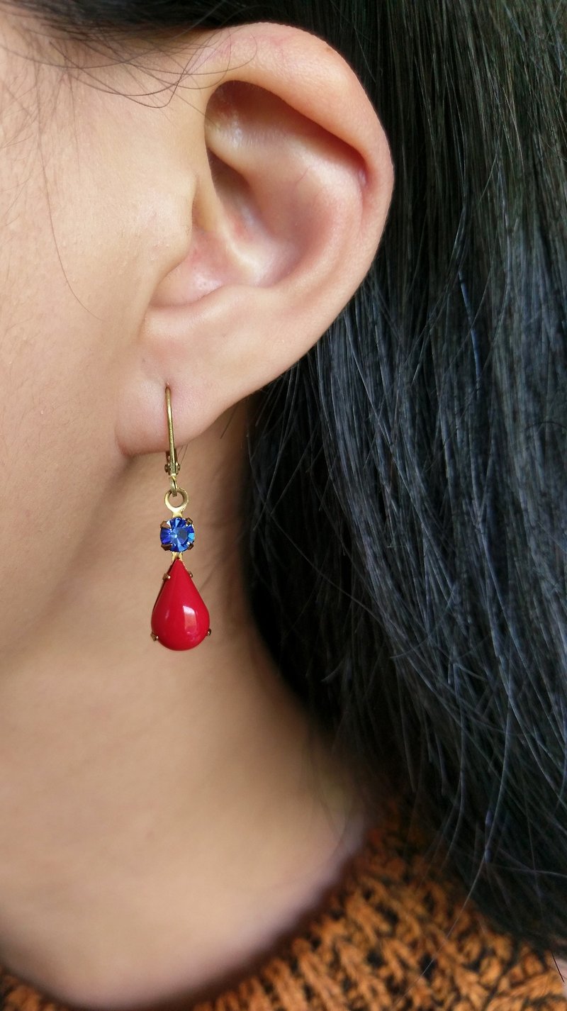 藍紅古董玻璃耳環 - 耳環/耳夾 - 其他金屬 紅色