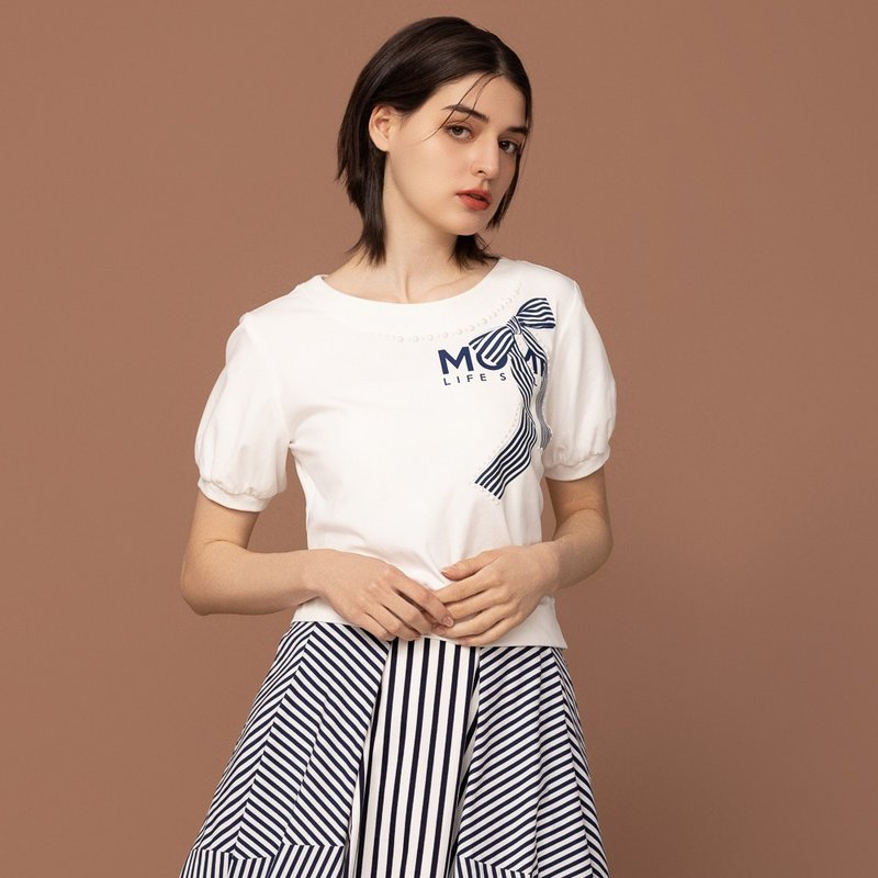 【MEDUSA】條紋蝴蝶結印花泡泡袖上衣(M-XL) | 女上衣 女休閒上衣 - 女 T 恤 - 棉．麻 白色