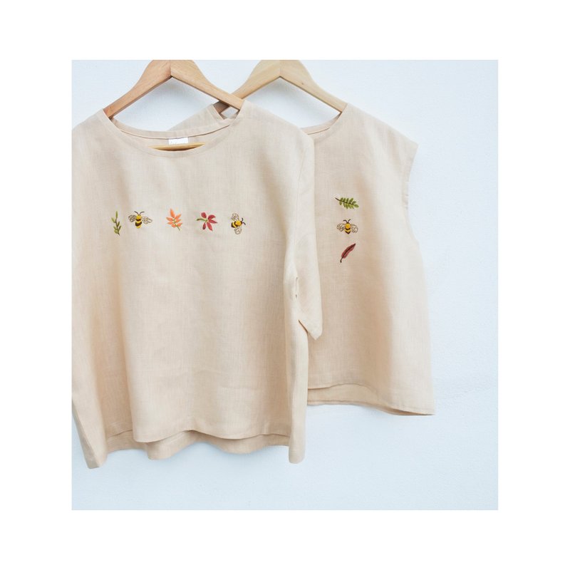 Round neck linen shirt, cream yellow - 女上衣/長袖上衣 - 棉．麻 黃色