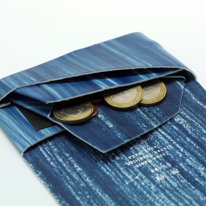 Japanese handmade - made Shosa vegetable tanned leather coin purse - staff hand-painted / indigo - กระเป๋าใส่เหรียญ - หนังแท้ สีน้ำเงิน
