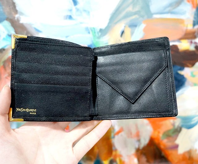 French antique black leather gold angle YSL coin purse loose paper