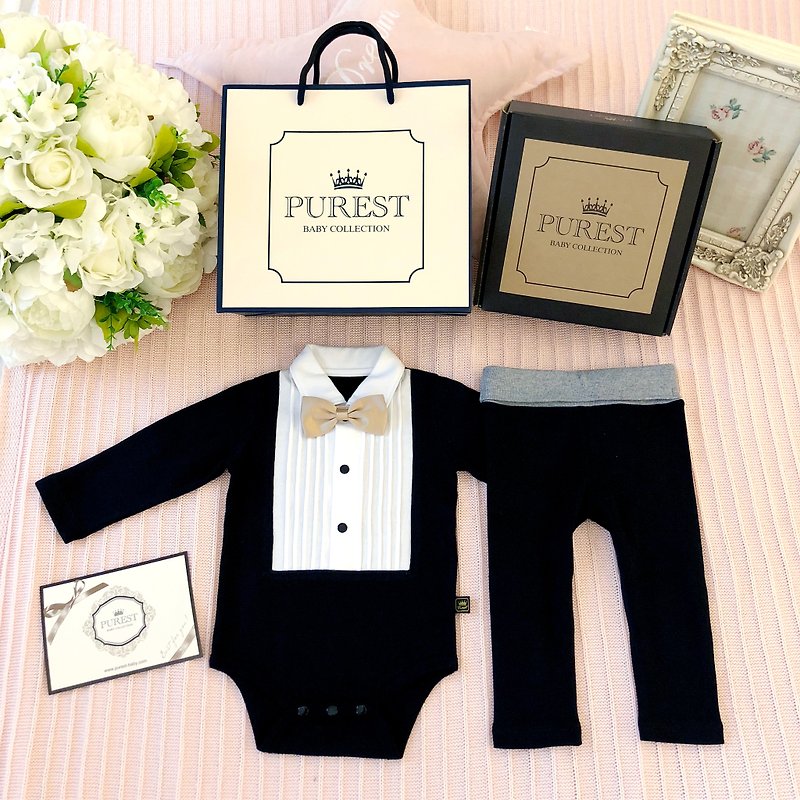 British Royal Bow Tie Little Gentleman Black Long Sleeve Fully Armed Baby Miyue Baby Gift Set