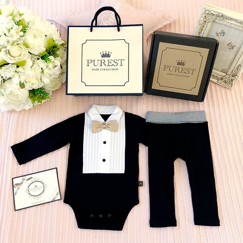 PUREST baby collection 英倫皇家領結小紳士 黑色 長袖 全副武裝 寶寶彌月 嬰兒 禮盒組