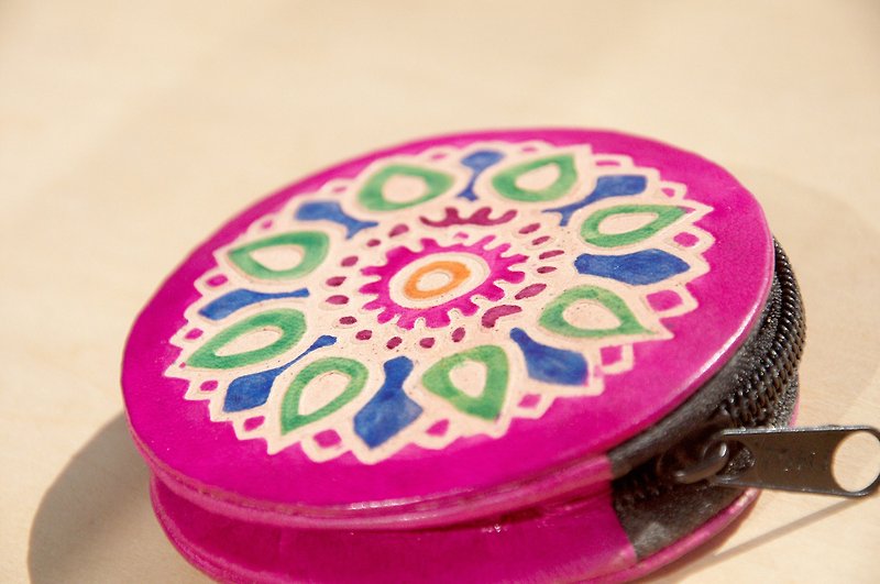 Fast Shipping Christmas gift exchange gifts handmade suede purse / hand-painted style leather wallet / leather packet - Pink Round Mandala - กระเป๋าใส่เหรียญ - หนังแท้ หลากหลายสี