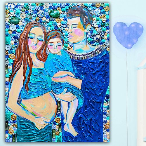 HOUSE-of-the-SUN-Art Handmade painting Family portrait Father, Mother and Child. Gemstones mosaic art
