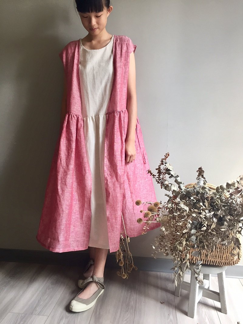 /Fendie Grassland/A sense of air/Pink linen cardigan long version dress 100% linen - ชุดเดรส - ผ้าฝ้าย/ผ้าลินิน 