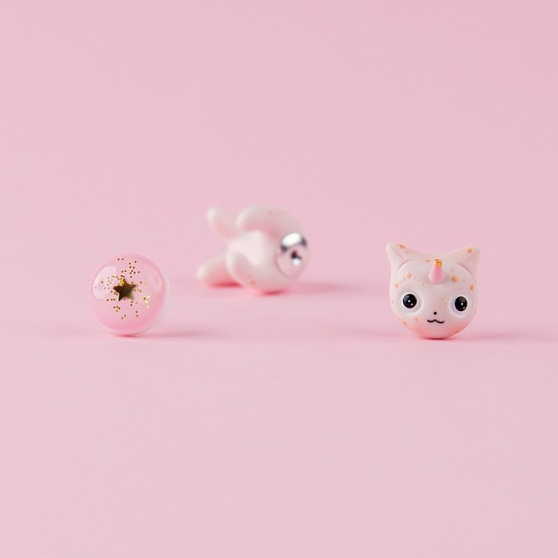 Pink|Golg Galaxy Caticorn Kitten - Polymer Clay Earrings, Happy Valentine's Day - 耳環/耳夾/耳骨夾 - 黏土 粉紅色