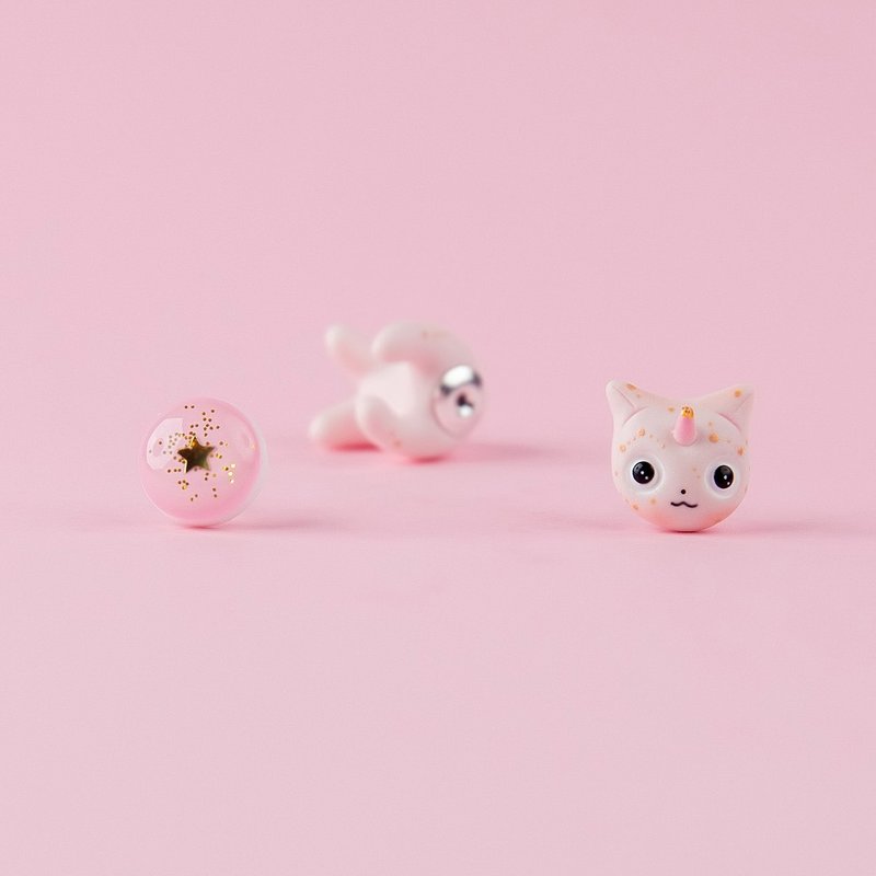 Pink|Golg Galaxy Caticorn Kitten - Polymer Clay Earrings, Happy Valentine's Day - ต่างหู - ดินเหนียว สึชมพู