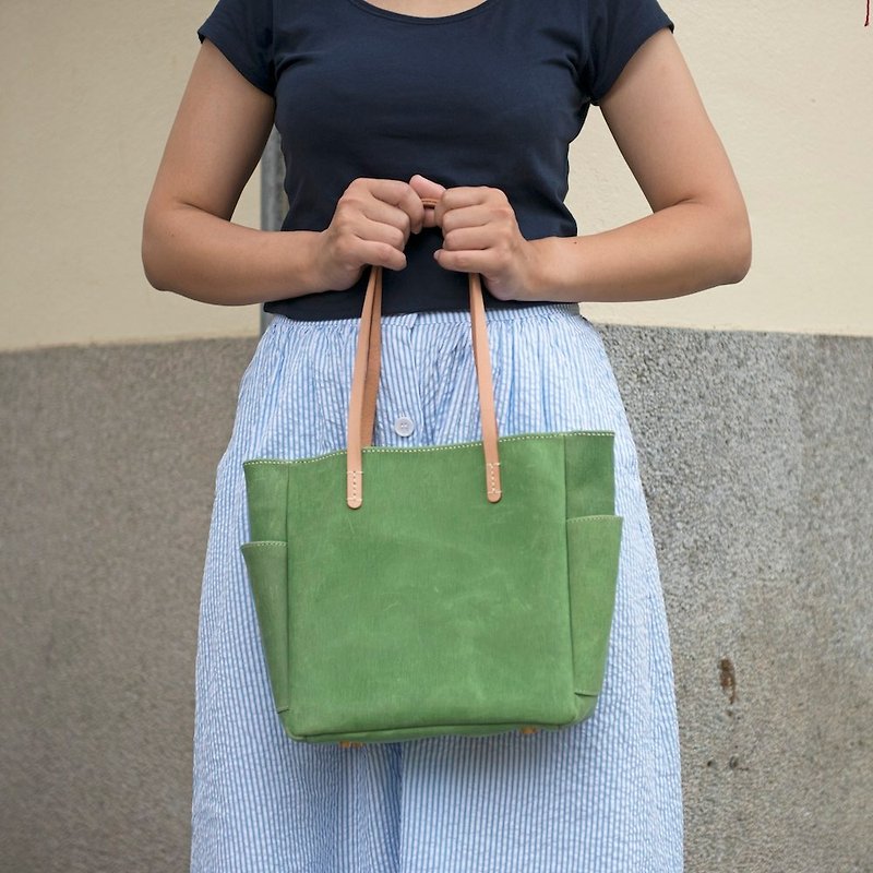 Be Two ∣ Handmade Tote Bag Leather Shoulder Handle Leather Green Brushed Leather - กระเป๋าแมสเซนเจอร์ - หนังแท้ สีเขียว