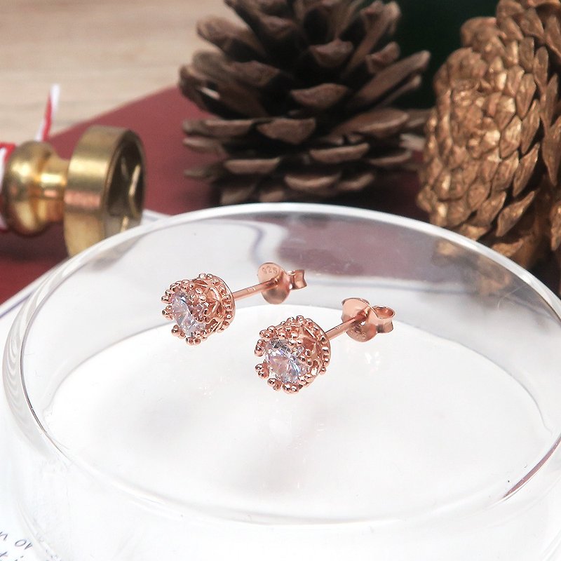 優雅翠冠耳環 方晶鋯石款 925純銀針式耳環 玫瑰金色 - 耳環/耳夾 - 純銀 粉紅色