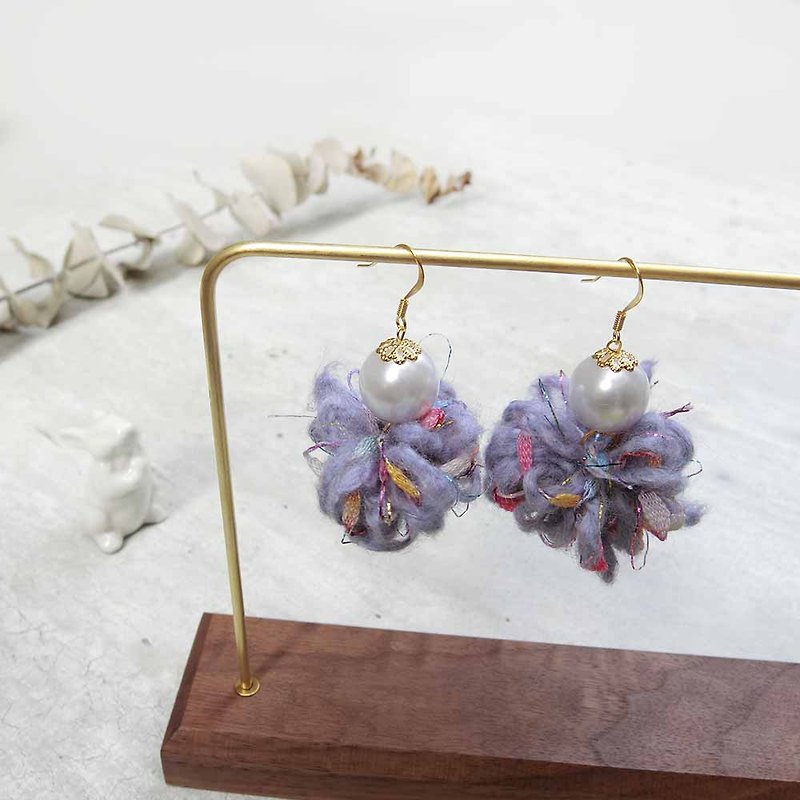 Pink purple ball wool earrings - Earrings & Clip-ons - Other Man-Made Fibers Purple