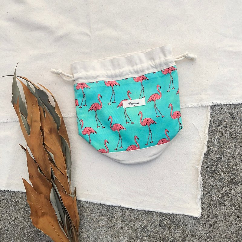 Flamingo / green / multi-purpose bucket bag beam mouth bag storage bag - Drawstring Bags - Cotton & Hemp 