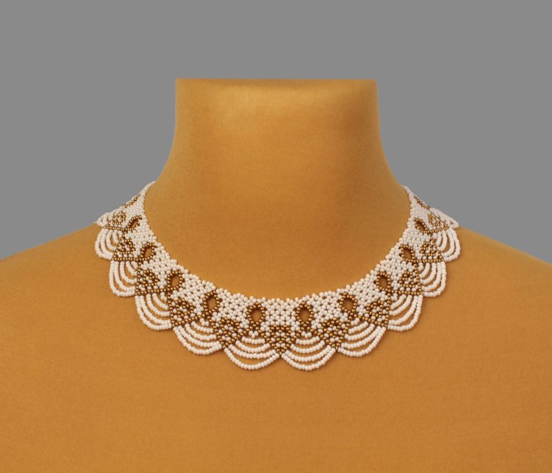 White and gold beaded necklace wedding jewelry - Necklaces - Glass White