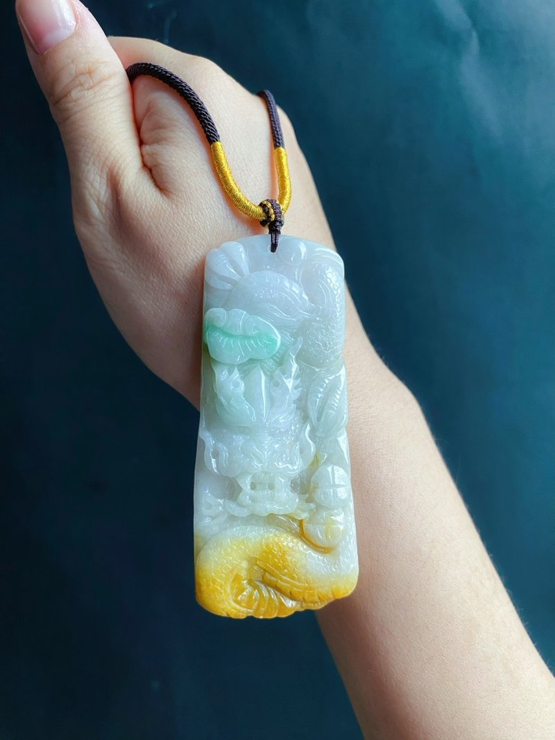 三彩福龍牌 天然緬甸玉翡翠 吊墜 招財守護 平安富貴 項鍊 父親節 - 吊飾/掛飾 - 玉石 綠色