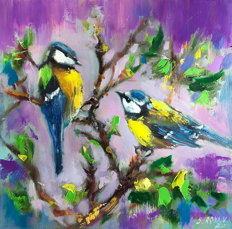 その他の素材 ウォールデコ・壁紙 グリーン - 青いおっぱいミニチュア オリジナルの油絵のアートワーク 鳥との絵画