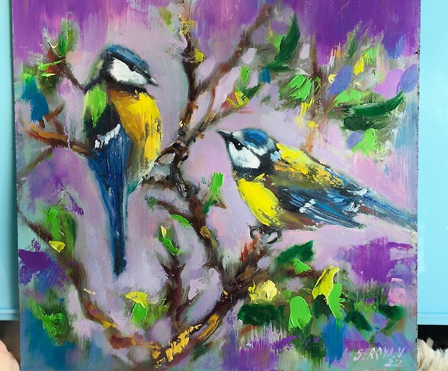 Blue Tits Miniature Original Oil Painting Artwork Painting with birds -  Shop HappyBirds Wall Décor - Pinkoi