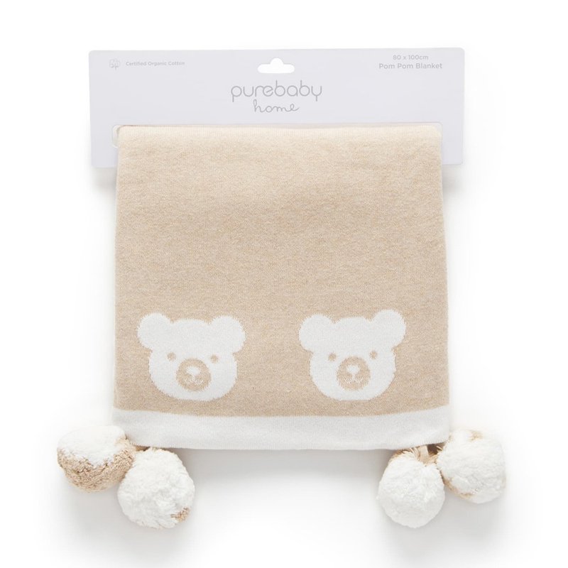 Australian Purebaby organic cotton baby knitted cotton blanket bear pom-pom - ผ้าปูที่นอน - ผ้าฝ้าย/ผ้าลินิน 