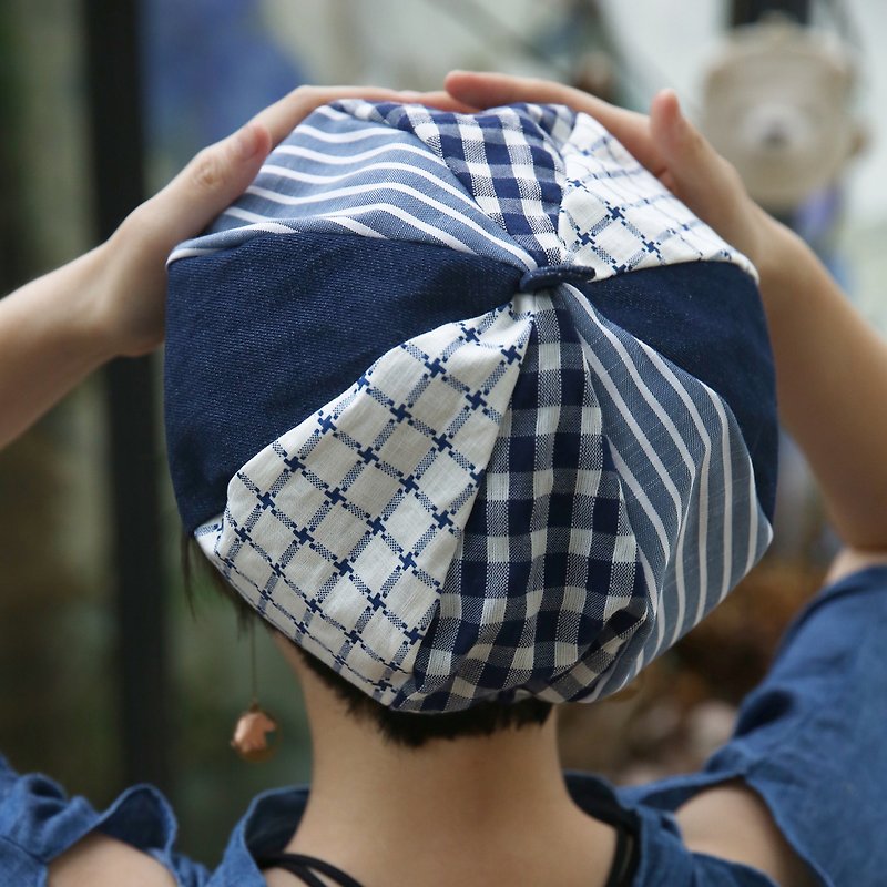 After school school handwork blue geometric patchwork limited beret hat - หมวก - ผ้าฝ้าย/ผ้าลินิน สีน้ำเงิน