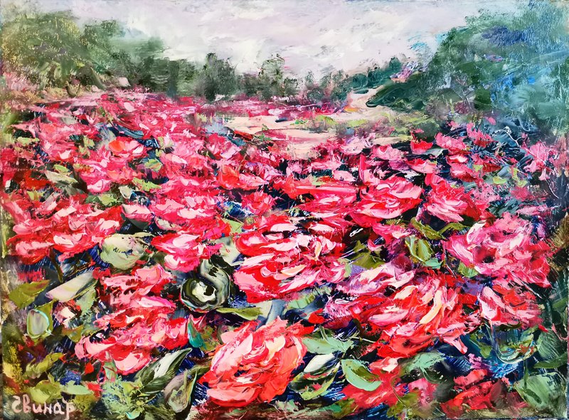 Oil Painting Flower Rose Bushes Landscape Impasto Original Artist Svinar Oksana - 其他 - 其他材質 多色
