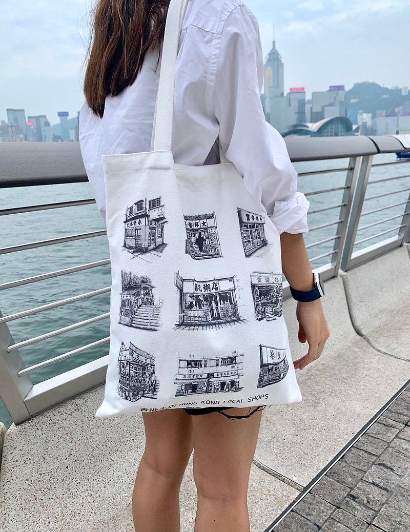 Hong Kong Old Shops Tote Bag - กระเป๋าถือ - ผ้าฝ้าย/ผ้าลินิน ขาว