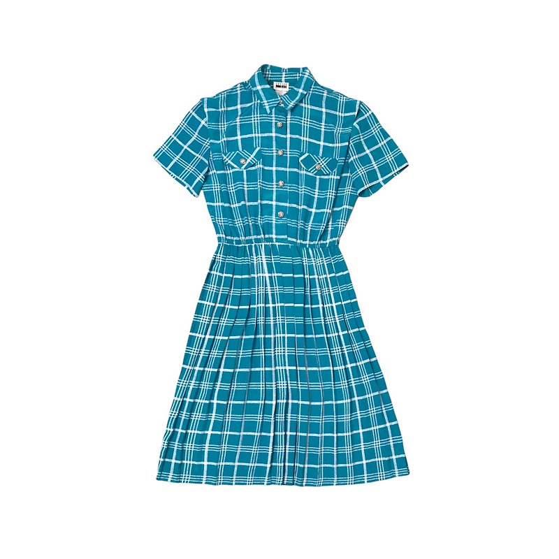 Vintage American aqua blue plaid short-sleeved dress - ชุดเดรส - เส้นใยสังเคราะห์ สีน้ำเงิน