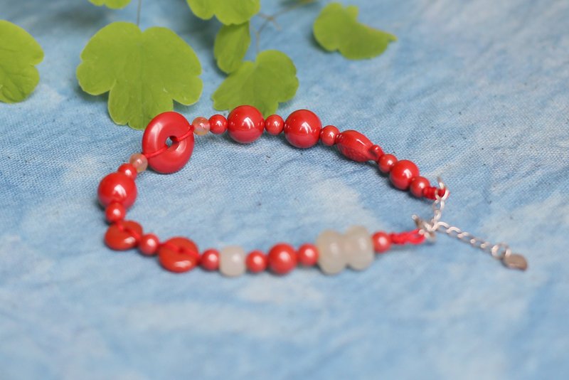 春秋手作 | 高含量帝王砂 | 並蒂蓮 平安扣手鏈 | 闢邪 開運 - 手鍊/手環 - 半寶石 紅色
