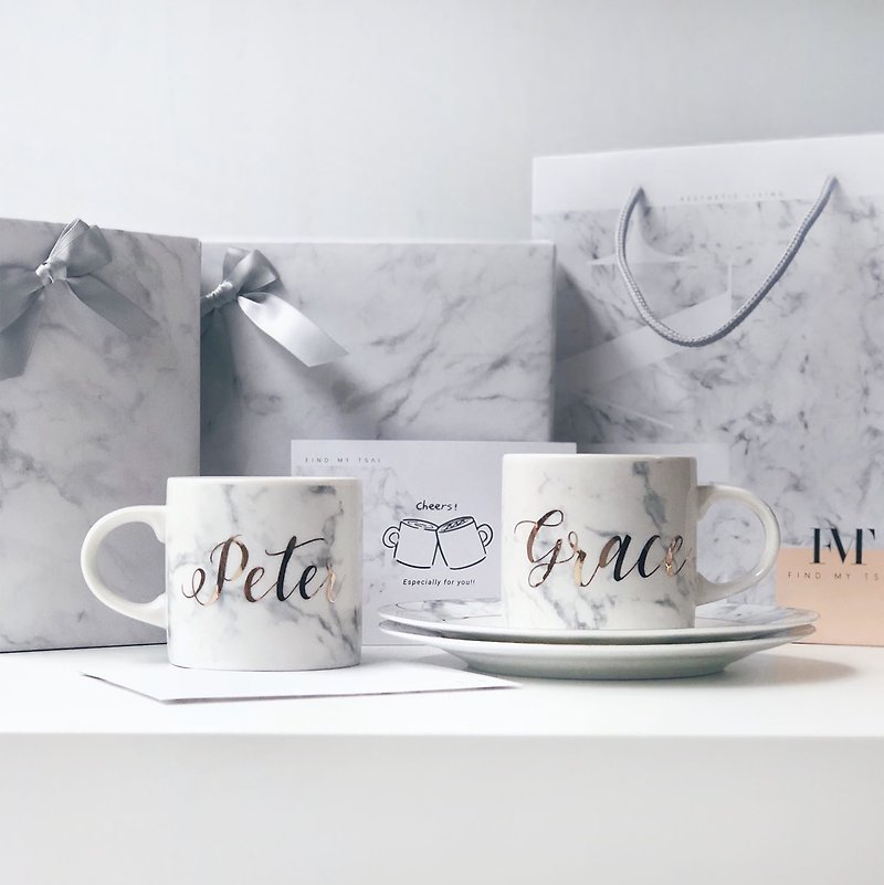 [Customized] 2 Cups 2 Plates-Marble Pattern Gold Mug Gift Set | Wedding Gifts, Birthday Gifts - แก้ว - เครื่องลายคราม สีทอง